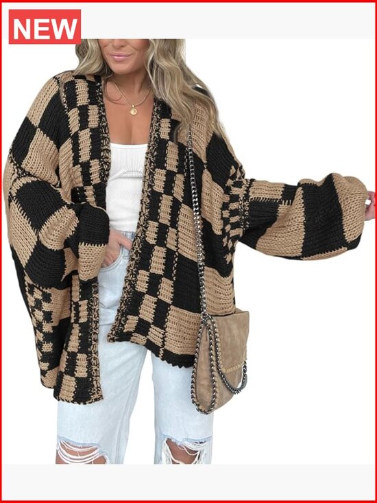 Sweaters - Long Sleeve Open Front Chunky Knit Checkered Cardigan Sweater for Women